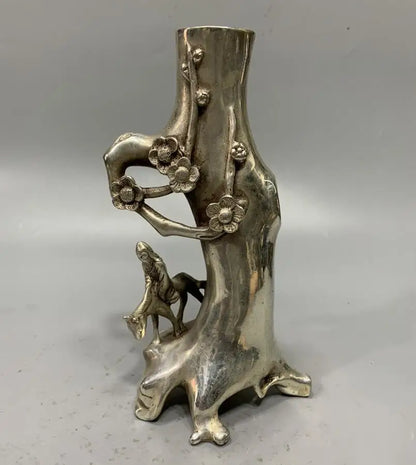 China White copper archaize plum blossom tree stumps Pen holder crafts statue