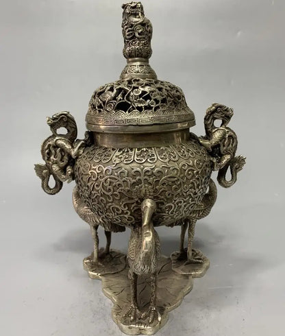 China White copper archaize three foot crane Incense burner crafts statue