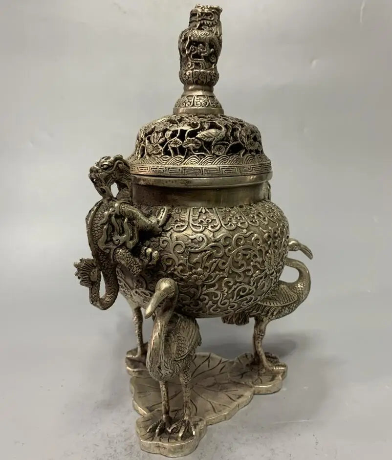 China White copper archaize three foot crane Incense burner crafts statue