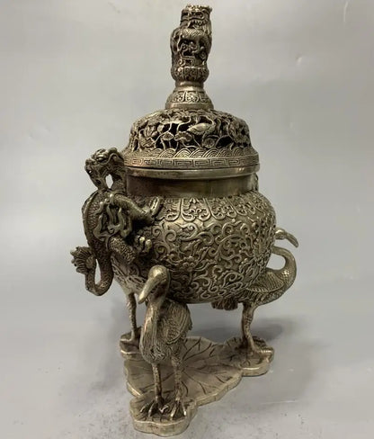 China White copper archaize three foot crane Incense burner crafts statue