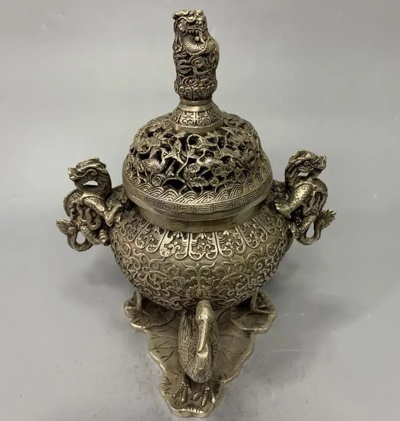 China White copper archaize three foot crane Incense burner crafts statue