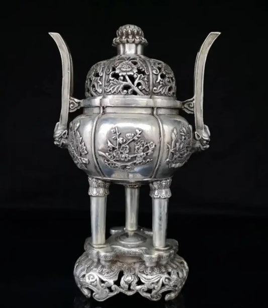 China White copper beast ear plum blossom Incense burner crafts statue