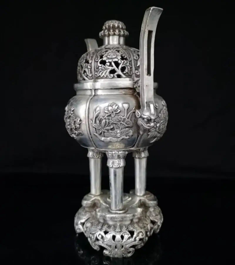 China White copper beast ear plum blossom Incense burner crafts statue