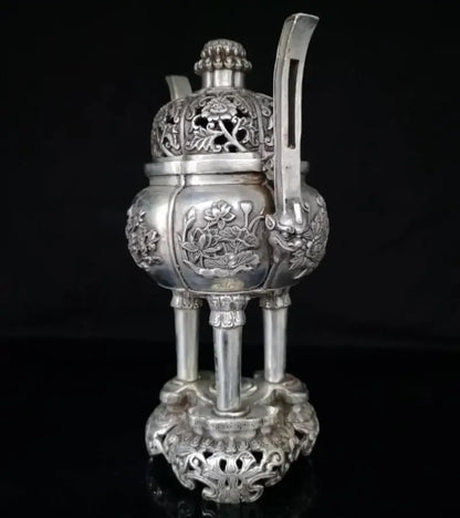China White copper beast ear plum blossom Incense burner crafts statue
