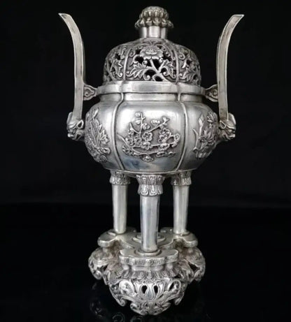 China White copper beast ear plum blossom Incense burner crafts statue