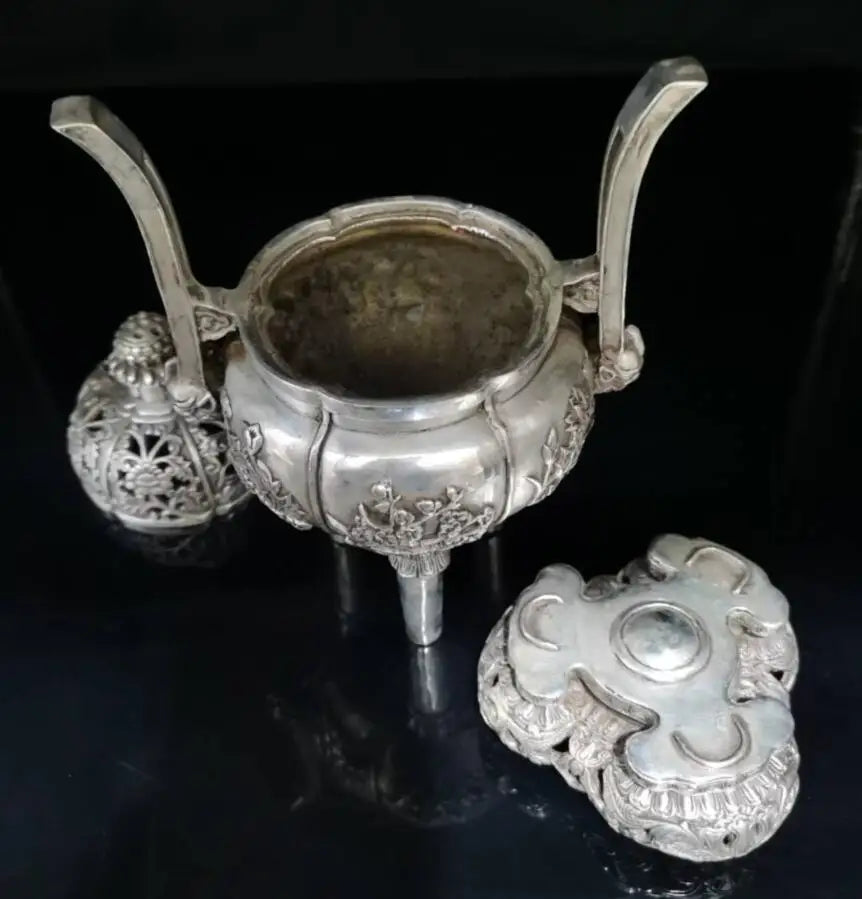 China White copper beast ear plum blossom Incense burner crafts statue