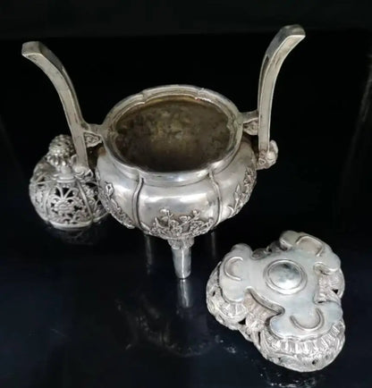 China White copper beast ear plum blossom Incense burner crafts statue