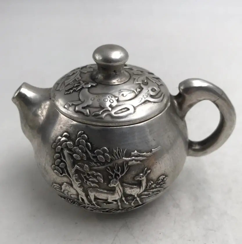 China White copper double deer teapot crafts statue