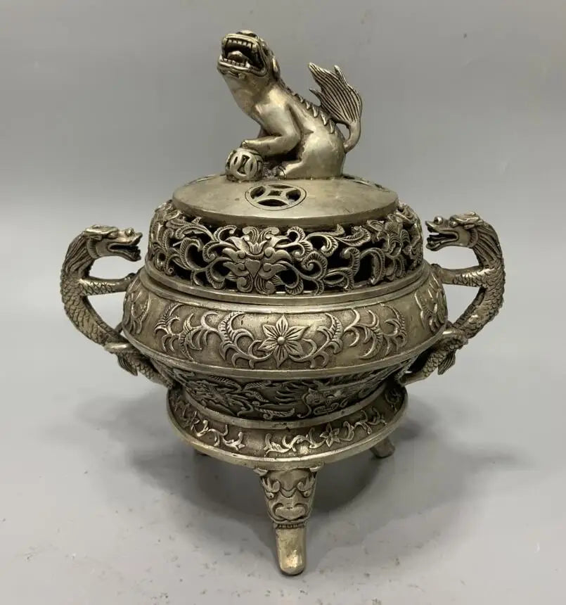 China White copper double dragon Incense burner crafts statue
