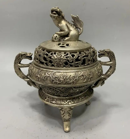 China White copper double dragon Incense burner crafts statue