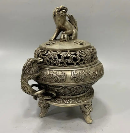 China White copper double dragon Incense burner crafts statue