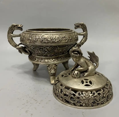 China White copper double dragon Incense burner crafts statue