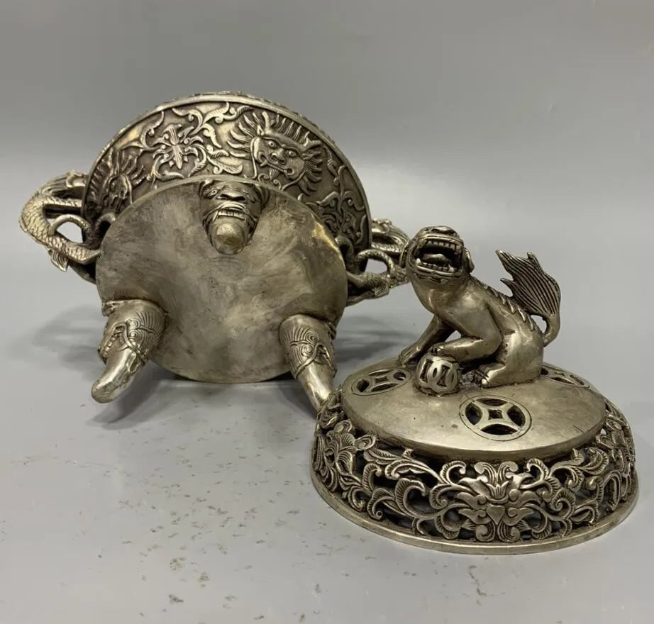 China White copper double dragon Incense burner crafts statue