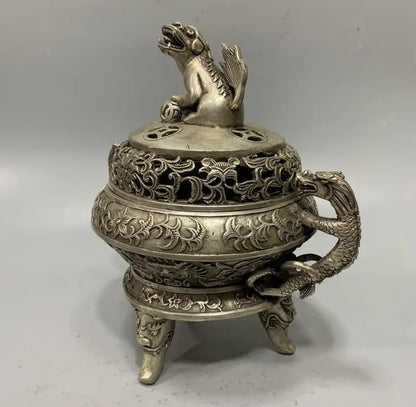 China White copper double dragon Incense burner crafts statue