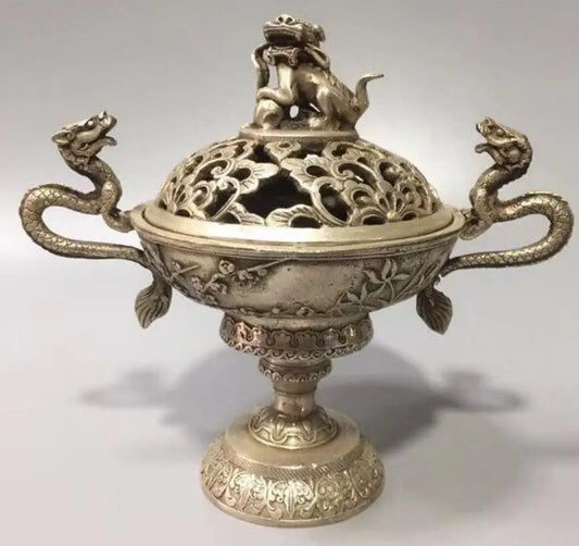 China White copper double dragon beast lid incense furnace crafts statue