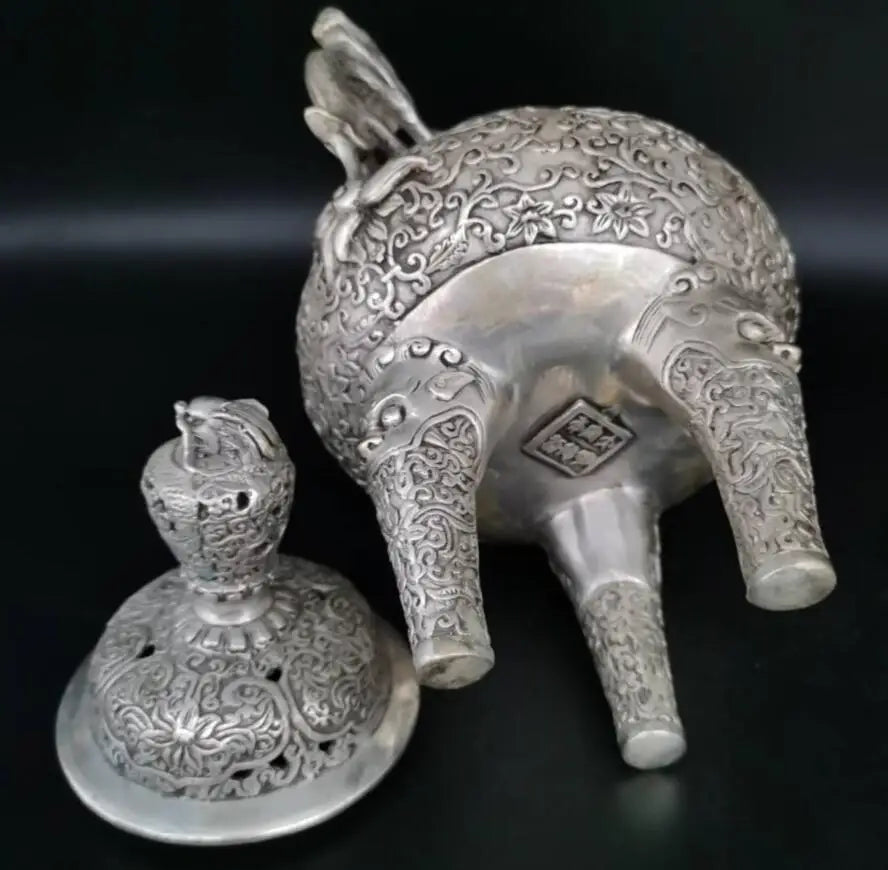 China White copper double dragon ear Incense burner crafts statue