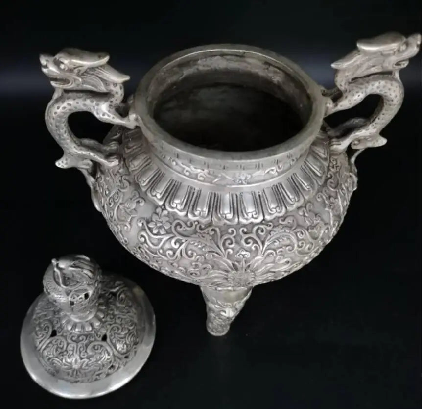 China White copper double dragon ear Incense burner crafts statue