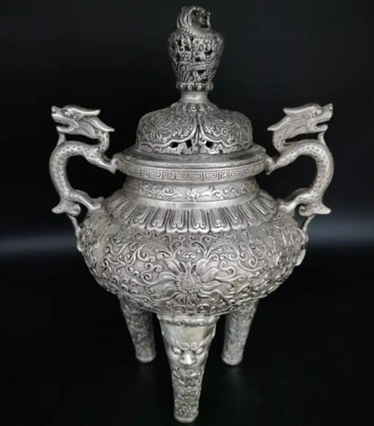 China White copper double dragon ear Incense burner crafts statue
