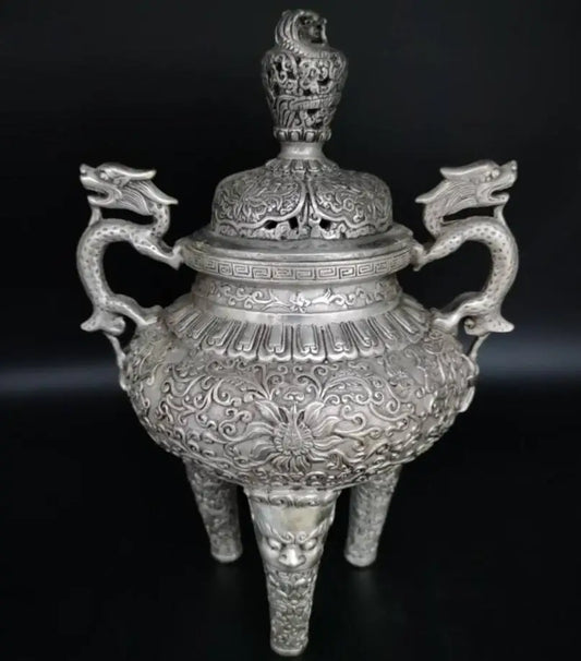 China White copper double dragon ear Incense burner crafts statue