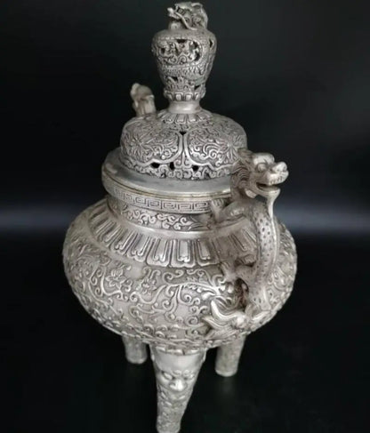 China White copper double dragon ear Incense burner crafts statue