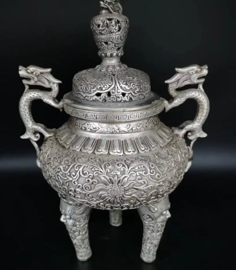 China White copper double dragon ear Incense burner crafts statue