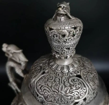 China White copper double dragon ear Incense burner crafts statue