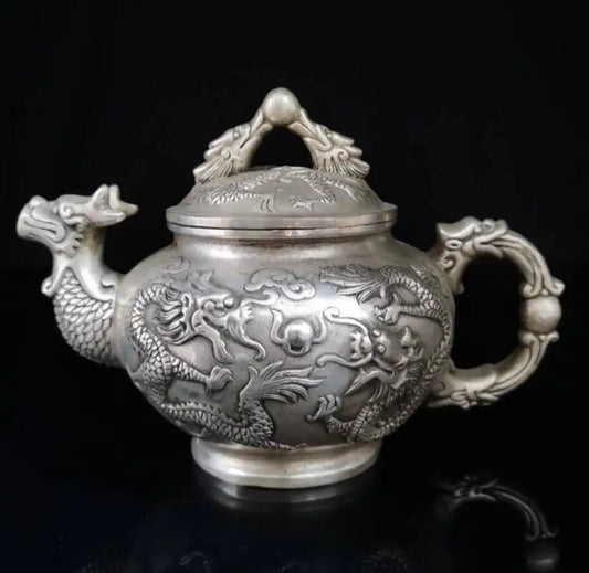 China White copper double dragon flagon crafts statue