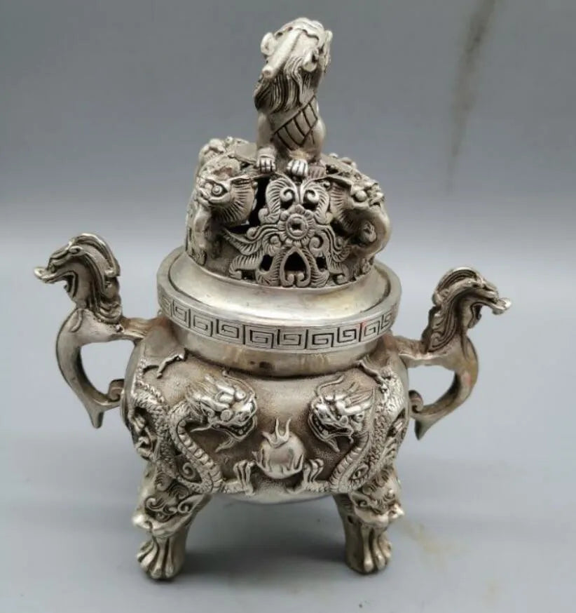 China White copper double dragon incense burner crafts statue
