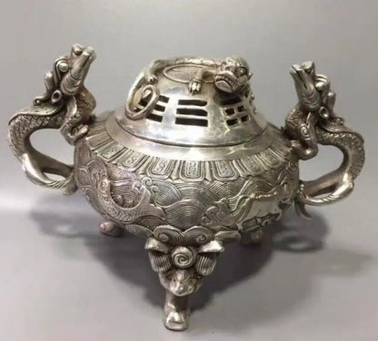 China White copper double dragon incense furnace crafts statue