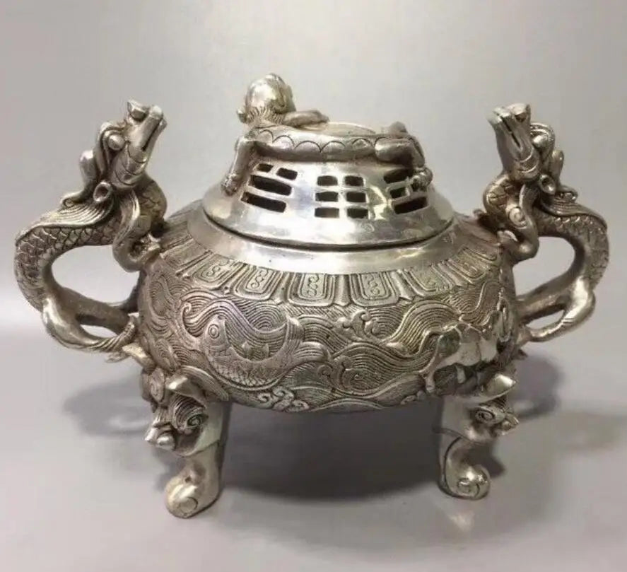 China White copper double dragon incense furnace crafts statue