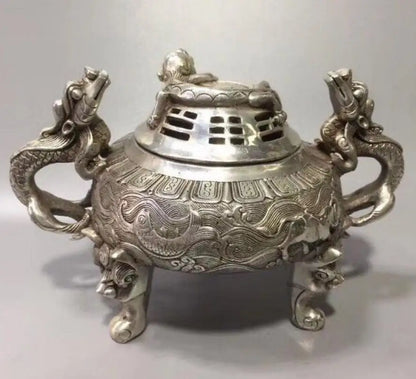 China White copper double dragon incense furnace crafts statue