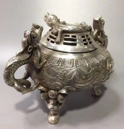 China White copper double dragon incense furnace crafts statue