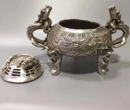 China White copper double dragon incense furnace crafts statue