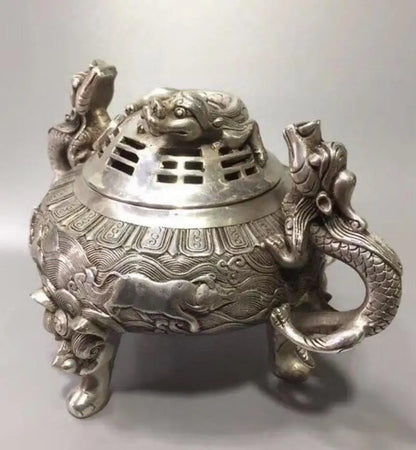 China White copper double dragon incense furnace crafts statue