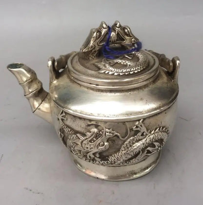 China White copper double dragon teapot crafts statue
