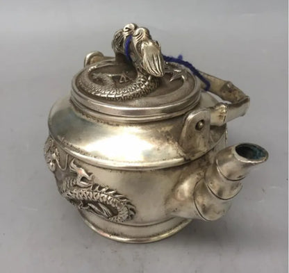 China White copper double dragon teapot crafts statue