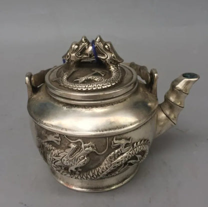 China White copper double dragon teapot crafts statue