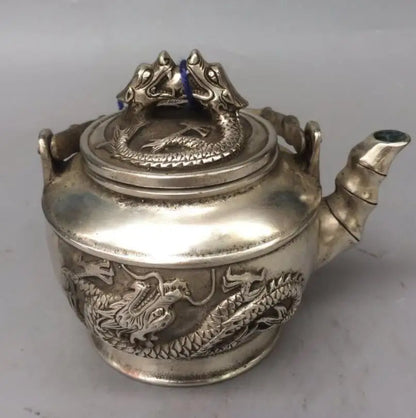 China White copper double dragon teapot crafts statue