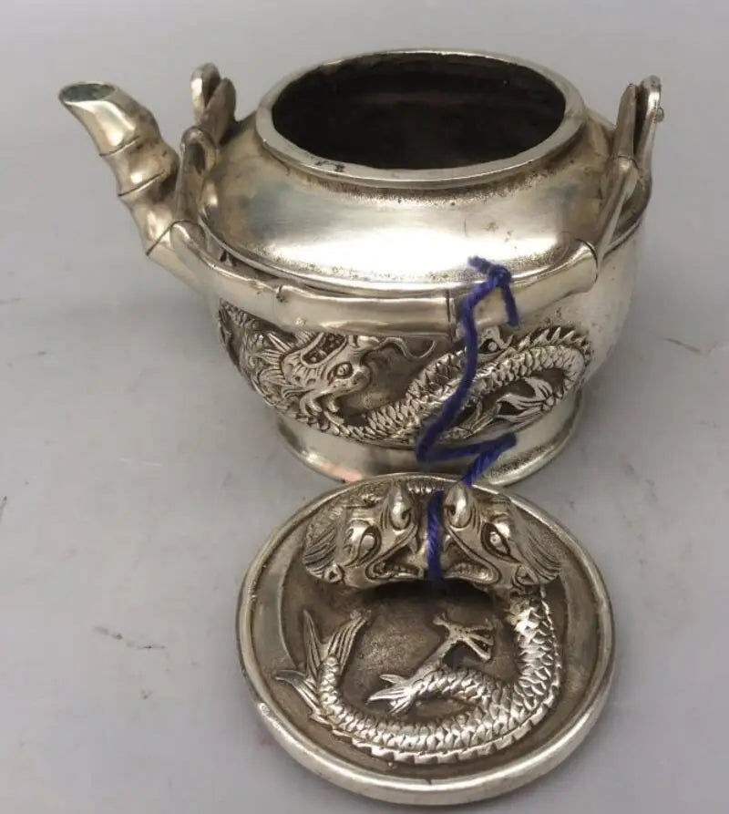 China White copper double dragon teapot crafts statue