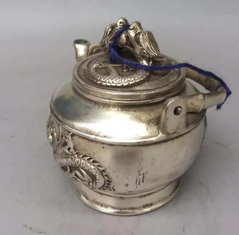 China White copper double dragon teapot crafts statue