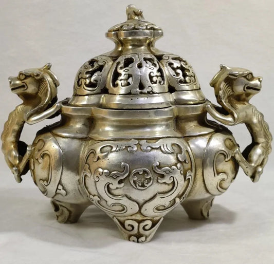China White copper double ear dragon incense burner crafts statue