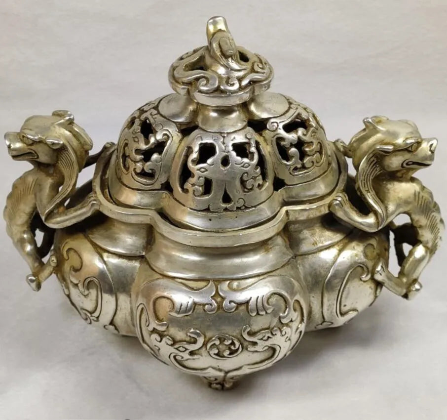 China White copper double ear dragon incense burner crafts statue