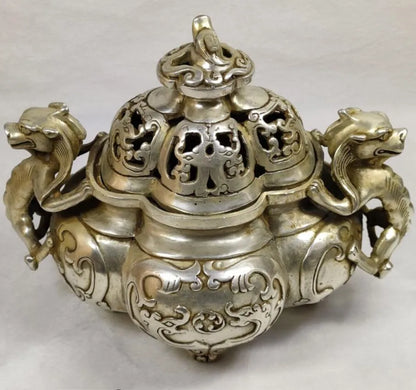 China White copper double ear dragon incense burner crafts statue