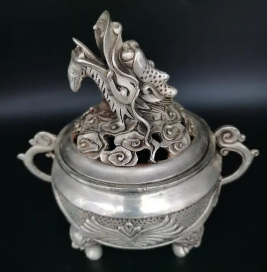 China White copper dragon head Incense burner crafts statue