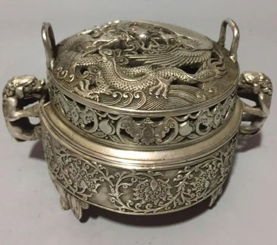 China White copper dragon phoenix incense furnace crafts statue