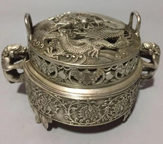 China White copper dragon phoenix incense furnace crafts statue