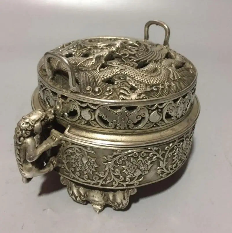 China White copper dragon phoenix incense furnace crafts statue