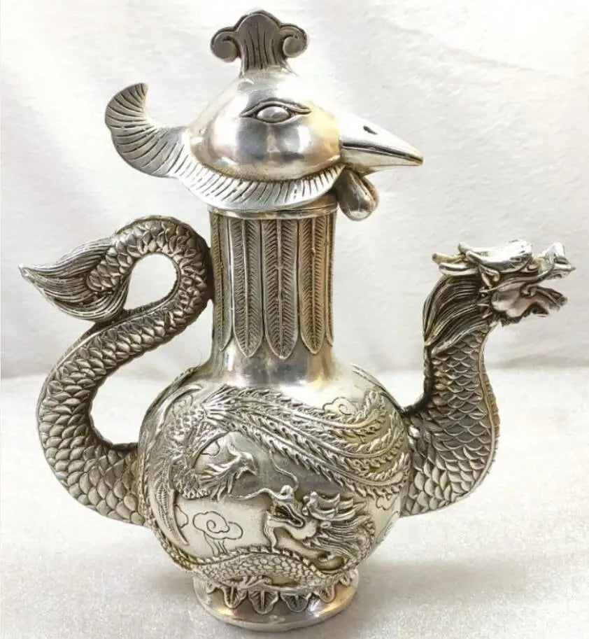 China White copper dragon phoenix teapot crafts statue