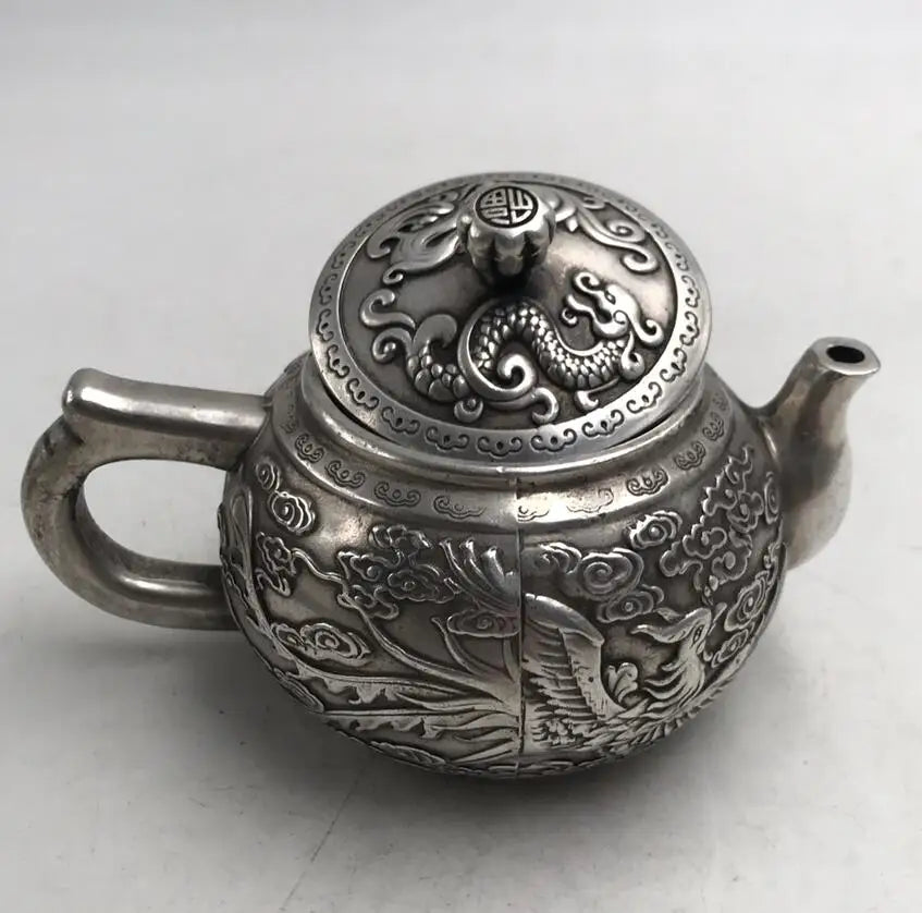 China White copper dragon phoenix teapot crafts statue