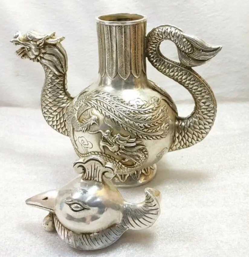 China White copper dragon phoenix teapot crafts statue